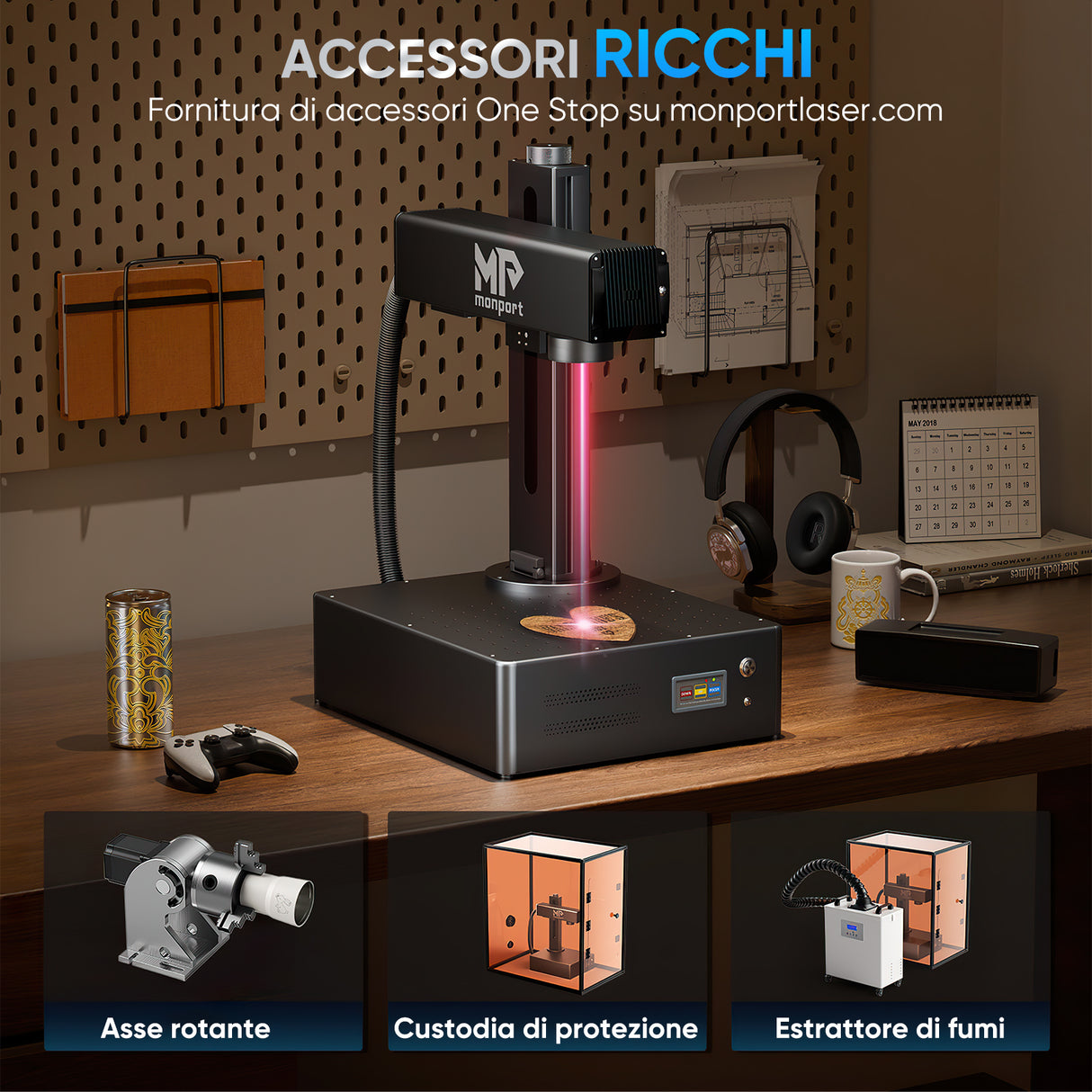 La macchina di incisione e marker con un laser a fibre ottiche MOPA integrato 60W, migliorata da Monport GA, si collega automaticamente